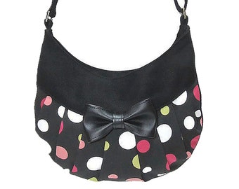 LAST CHANCE! Perfect little black and multicolored dots handbag with faux leather black bow. Crossbody denim bag with adjustable strap.