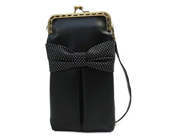 Black faux leather phone clutch with polka dots bow and vintage antique brass clasp with detachable handle. Vintage phone bag. Pin-up purse.