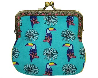 Turquoise and yellow coin purse toucan print. Loli. Antique brass metal frame. Rockabilly. Retro money case. Tiny handbag. Summer gift. Bird