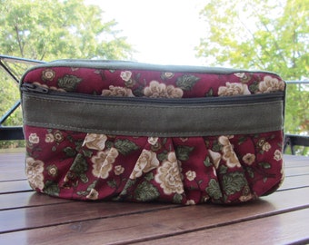 Khaki and burgundy cream flower print cosmetics bag by Loli. Toiletry bag, Travel pouch, Pencils case,Make-up kit, toilet storage.Rockabilly