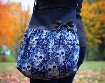 Blue denim skulls and flowers tote bag and faux leather bow by Loli. Big crossbody purse with adjustable strap. Diaper girly bag. Rockabilly
