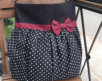 Black white dots tote bag with pink bow by Loli. Crossbody bag with adjustable strap. Diaper bag, shopping bag. Rockabilly.Big girly purse