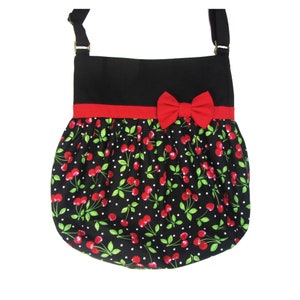 Red cherry and white polka dots tote bag with faux leather or red bow by Loli. Diaper bag with adjustable strap.Crossbody handbag.Rockabilly