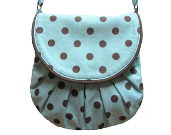 Turquoise and brown dots handbag with adjustable strap by Loli. Crossbody travel bag. Rockabilly. Pin-up hangbag. Everyday bag. girly.