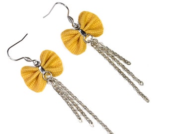 Yellow mustard recycled fabric bow silver earrings by Loli. Silver chain. Long pendants rockabilly earrings. Fifties. Pin-up.