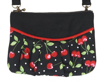 Multifunctional pouch. Black, red cherry, white polka dots by Loli. Can be worn on your shoulder, waist,hand or accross your body.Rockabilly