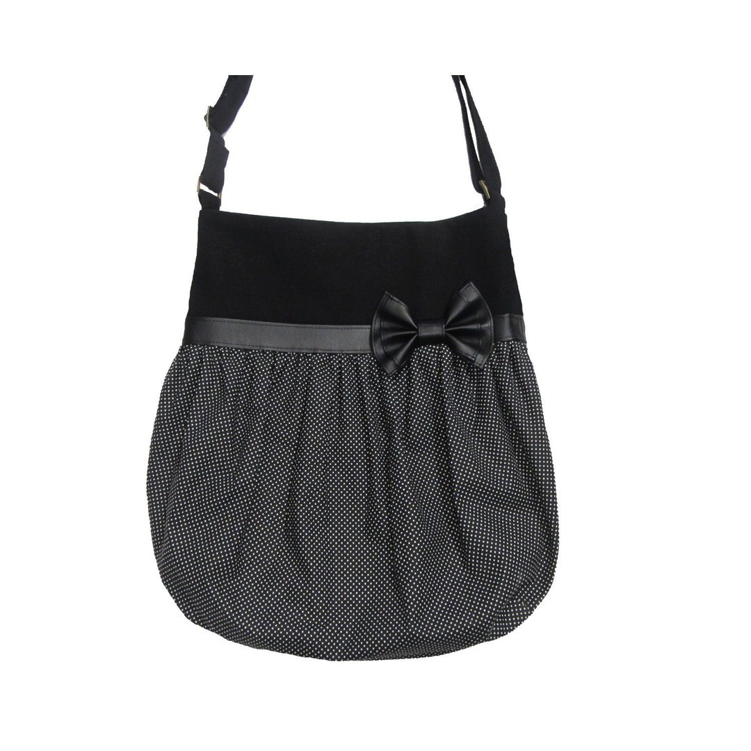 Black and White Little Polka Dots Tote Bag and Faux Leather Bow by  Big Crossbody Purse Adjustable Diaper