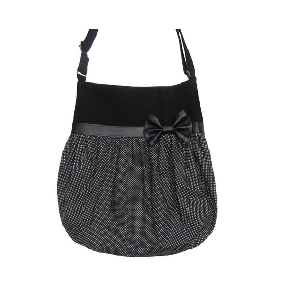Black and white houndstooth tote bag and faux leather bow by Loli Crossbody big bag with adjustable strap.
