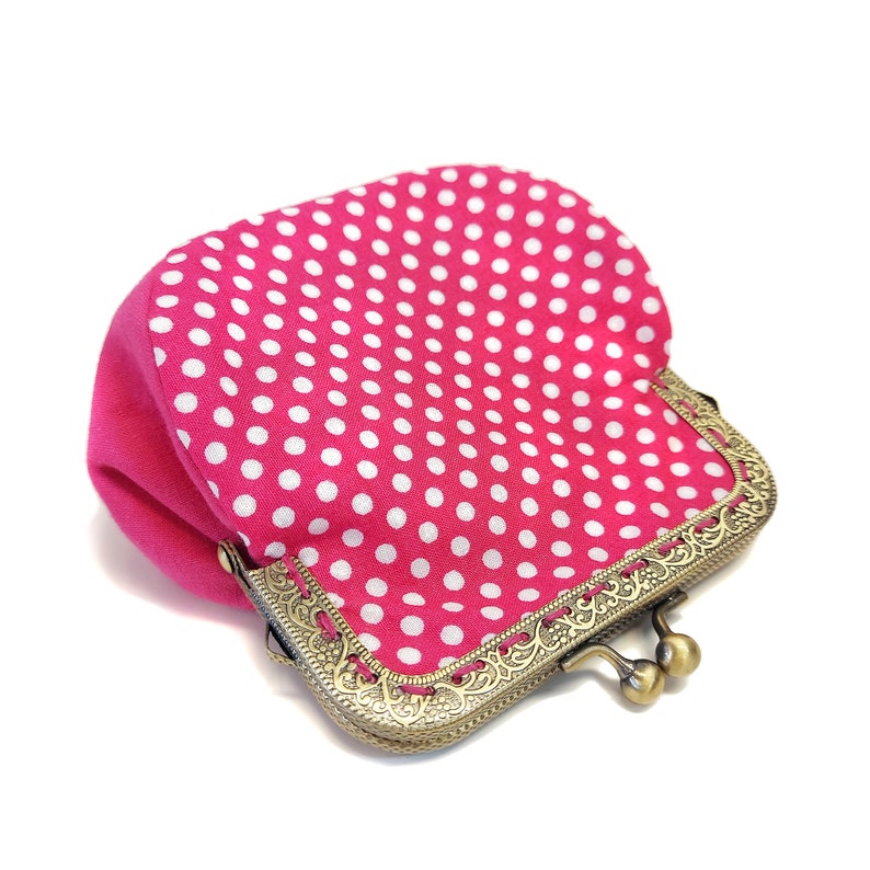 Pink and white polka dots vintage coin purse by Loli. Antique brass metal frame. Rockabilly. Rétro. Tiny handbag. Girl gift. Prom clutch image 6