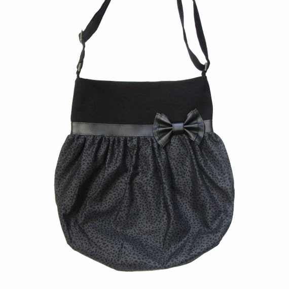 Black and white houndstooth tote bag and faux leather bow by Loli Crossbody big bag with adjustable strap.
