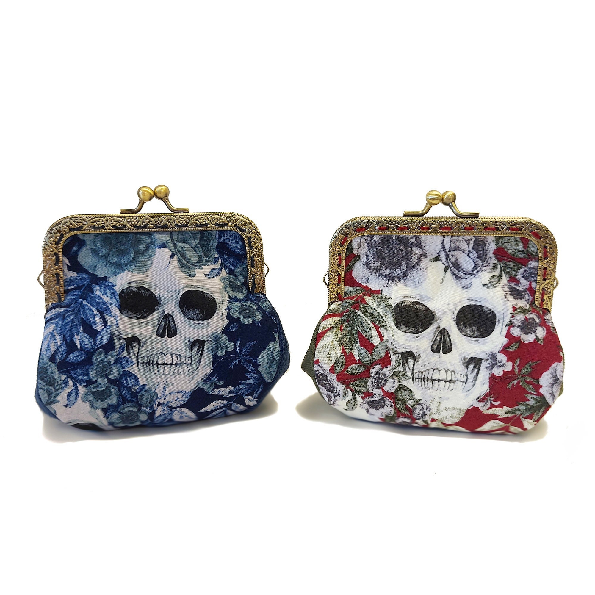 Vintage Skulls and Flowers Print Coin Purse by Loli. Blue, Black or Red
