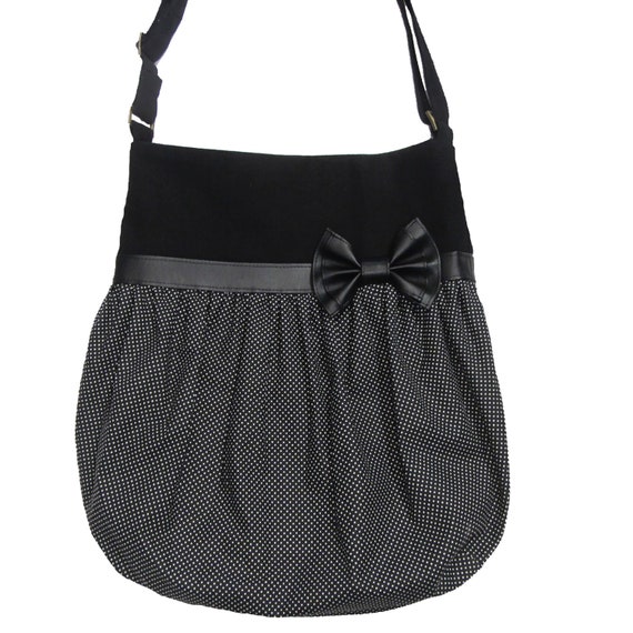 Black and white houndstooth tote bag and faux leather bow by Loli Crossbody big bag with adjustable strap.