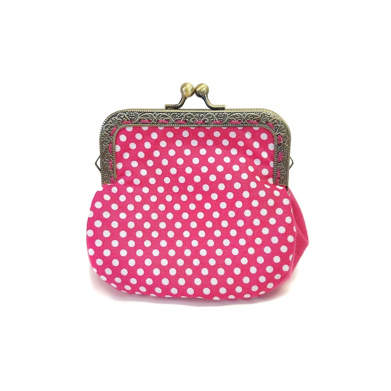 Pink and white polka dots vintage coin purse by Loli. Antique brass metal frame. Rockabilly. Rétro. Tiny handbag. Girl gift. Prom clutch image 1