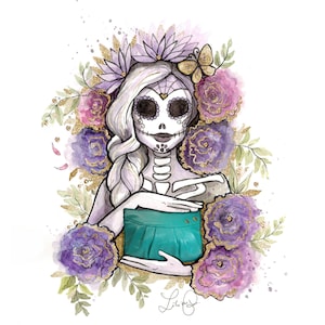 Ilustração 8 1/2" x 11" Até La Muerte adora Loli. Decoração de parede. Arte. Aquarela. Roxo e dourado. Bolsa esqueleto. Pôster Katrina