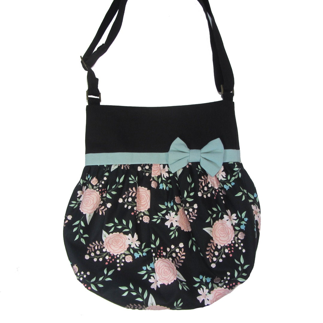 Black and Pink Tote Bag With Light Green Bow by Crossbody
