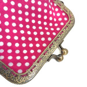 Pink and white polka dots vintage coin purse by Loli. Antique brass metal frame. Rockabilly. Rétro. Tiny handbag. Girl gift. Prom clutch image 8