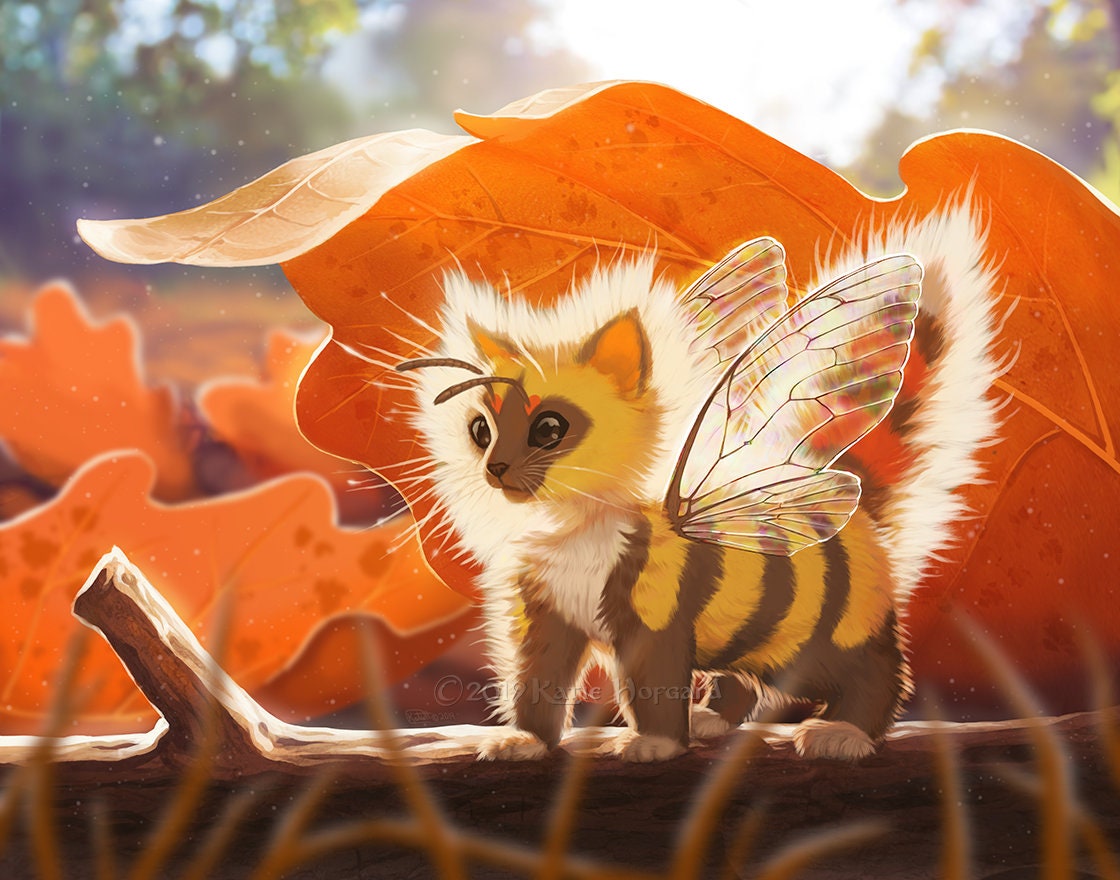 Kitten Bee Autumn Oak Leaves