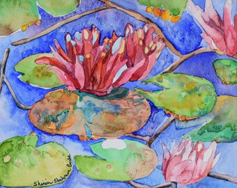 Koi fish swimming in pond with water lilies oil painting print blank stationery notecard greeting card 4 x 6 and 5 x 7 sizes