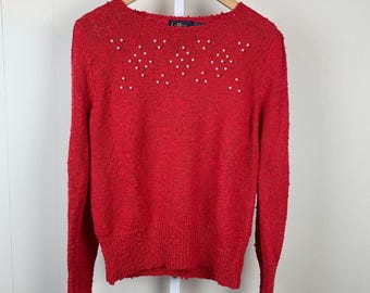 Le Roy Knitwear Vintage 80s Red Sweater Pearl Beaded Long Sleeve Womens XL