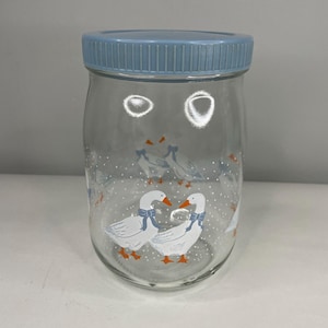 Vintage 90s Blue Country Goose Geese 1 Liter Glass Jar Canister w/ Lid