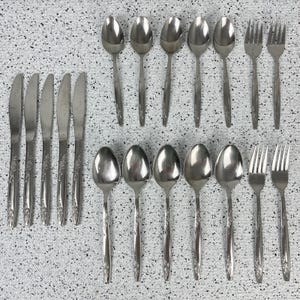 May include: A collection of vintage stainless steel flatware, including spoons, forks, and knives. The silverware has a floral design on the handles and is arranged on a speckled surface. The set includes 12 spoons, 6 forks, and 6 knives.