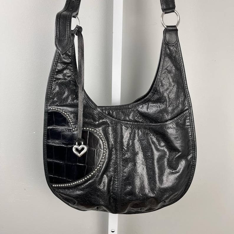 Vintage Y2K Brighton Purse Black Studded Heart Shoulder Bag Slouchy Charm immagine 1