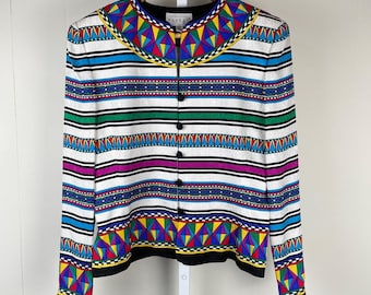 Vintage Adrianna Papell 100% Silk Skirt Jacket Multicolor Stripe Womens Size 6