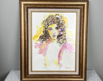 Portrait peinture originale nue de Wayne Ensrud technique mixte « Jeune fille III » encadré