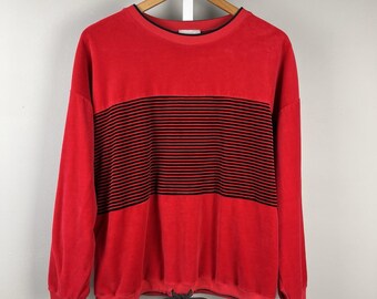 Vintage Russ Studio Shirt Top Femme Large Velours Rouge Rayure Noire Manches Longues