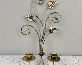 Vintage Gold Tone Metal Candle Holder Wall Sconce Leaf Scroll 2 Arm Cottagecore
