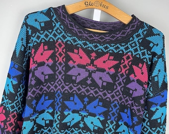 Vintage Classic Essentials Snowflake Ski Sweater Womens XL Black Purple Teal