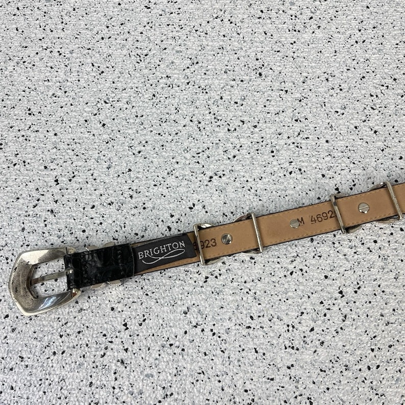 Vtg Brighton Croc Embossed Leather Belt Womens M Black Silver Tone Concho 46923 image 6
