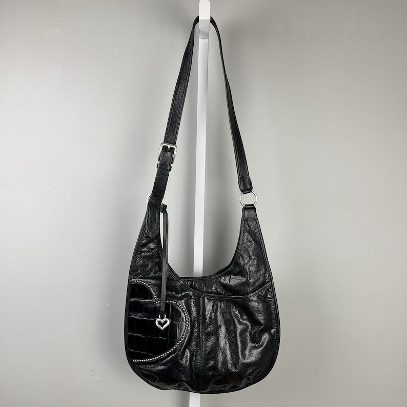 Vintage Y2K Brighton Purse Black Studded Heart Shoulder Bag Slouchy Charm immagine 2