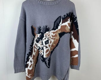 Vintage 90s MM by Krizia Italy Giraffe Gray Cotton Crewneck Sweater Womens Small