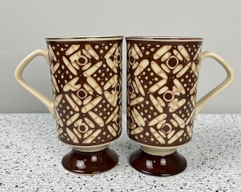 2 Vintage MCM Stoneware Pedestal D Handle Coffee Mugs Brown Geometric