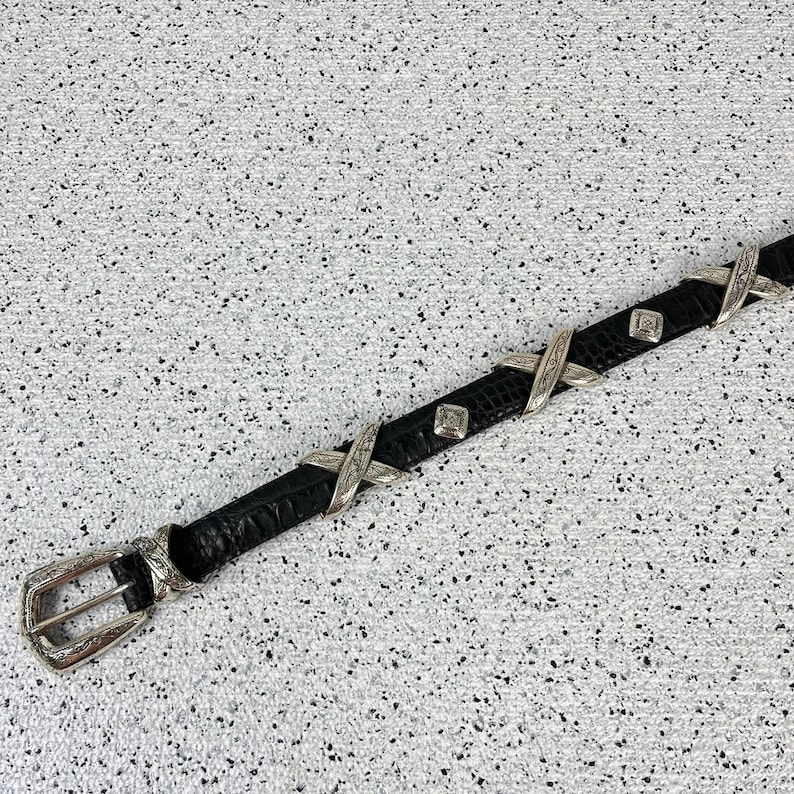 Vtg Brighton Croc Embossed Leather Belt Womens M Black Silver Tone Concho 46923 image 2