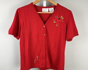 Vintage Pull cardigan Kathie Lee pour femme, rouge moyen, fleurs brodées