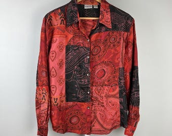 Vintage Chico's Shirt Top Blouse Size 2 Large/12 Red Black 100% Silk Embroidered