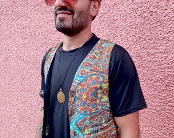 JACKFRUIT Reversible Waistcoat (men & women sizes) - Sunshine - 80s Festival Clothing Boho Rave Set Retro Vintage Burning Man Party Psy Vest