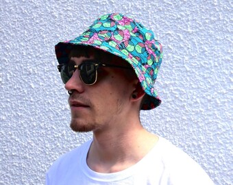 JACKFRUIT Hula Hat - Bucket Hat - Afro Disco Fruity -  Reversible Cotton Aztec Crazy Patterned Festival Fresh Prince Aztec Summer Beach Cap