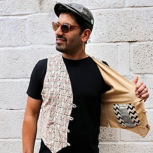 JACKFRUIT Reversible Block Print Waistcoat - Boho 80s Festival Outfit African Print Burning Man Vest Natural Aztec Bohemian Earthy Clothing