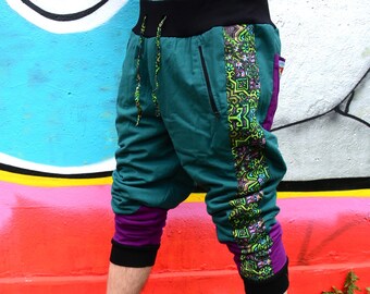 JACKFRUIT I-DEAL Festival Pants - Crash bandicoot Green - Unisex - Fleece Lined Crazy Pattern Aztec Festival Fresh Prince Tracksuits 80s 90s