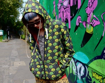 JACKFRUIT Hula Hoodie  - Green Leaf - Unisex - Crazy Pattern Aztec Hippy Boho Festival Fresh Prince Retro Psy Zip Pocket Urban Hoody Jacket