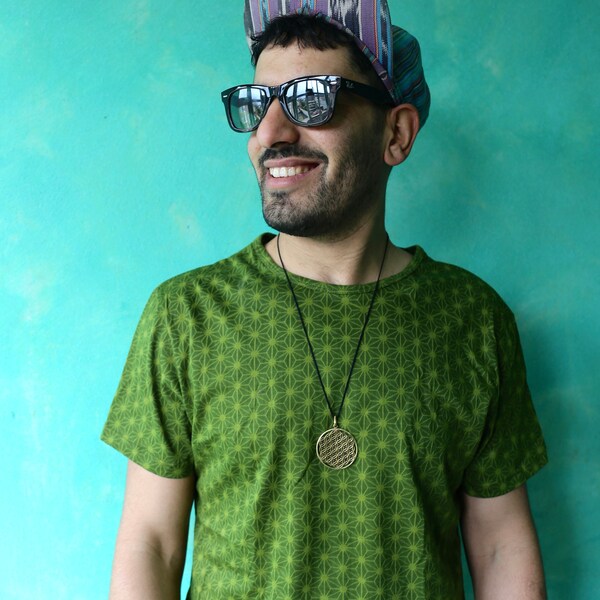 JACKFRUIT T-SHIRT - Geo Dome Green - Burning Man Geometric Hippy Festival Abbigliamento Boho Anni '90 Top Anni '80 Maglietta Fresh Prince Mens Rave Wear