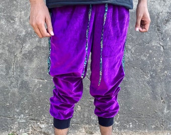 JACKFRUIT Deluxe Velvet Loungers - Purple - Unisex Velour Tracksuit Crazy Pattern Festival Fresh Prince Lycra Boho Aztec Party Trousers