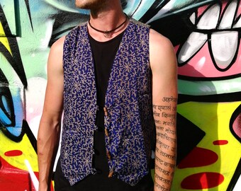 JACKFRUIT Reversible Waistcoat (men & women sizes) - Sari Vines Navy - Crazy Party Festival Retro 80s Print Aztec Party Fresh Prince Vest