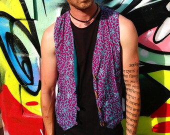 JACKFRUIT Reversible Waistcoat (men & women sizes) - Sari Vines Pink - Crazy Party Festival Retro 80s Print Aztec Party Fresh Prince Vest