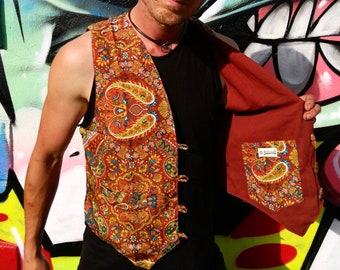 JACKFRUIT Reversible Waistcoat (men & women sizes) - Paisley Terracotta - Crazy Party Festival Retro 80s Print Aztec Party Fresh Prince Vest