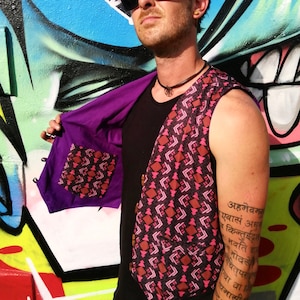 JACKFRUIT Reversible Waistcoat (men & women sizes) - Space Invaders Black - Crazy Party Festival Retro 80s Print Aztec Psy Fresh Prince Vest