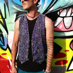 JACKFRUIT Reversible Waistcoat (men & women sizes) - Sari Vines Navy - Crazy Party Festival Retro 80s Print Aztec Party Fresh Prince Vest